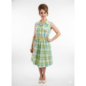 1960s Day Dress Vintage Plaid Belted Shirtdress Sz 20 Green Blue Spring Summer